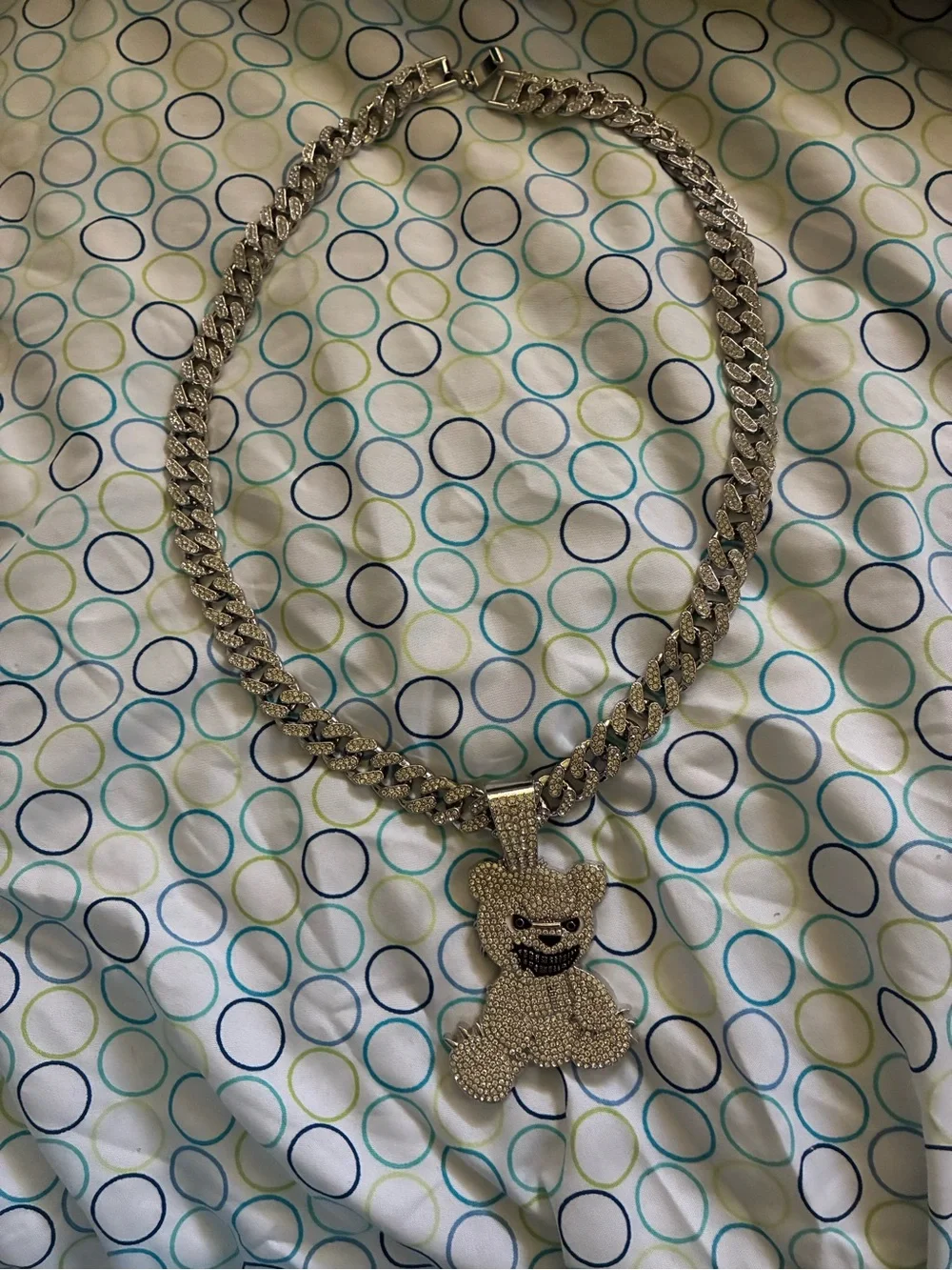 Iced Out Silver Teddy Pendant Cuban Chain Necklace